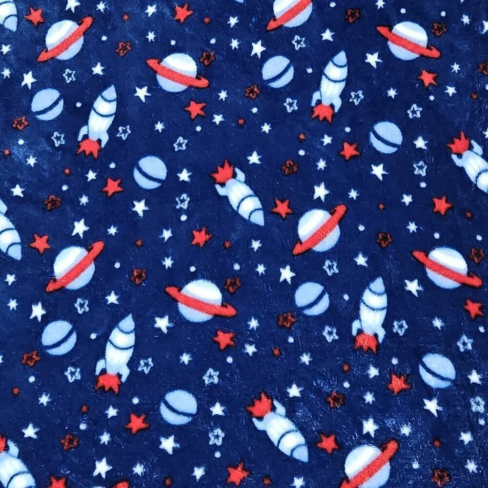 Zak & Zoey Blue Fleece Baby Blanket Rocket Spaceship Star Planet Red White SOFT